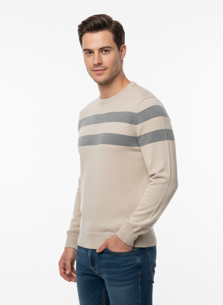 Tommy Hilfiger Suéter Cuello Redondo con Rayas Dobles Hombre Beige