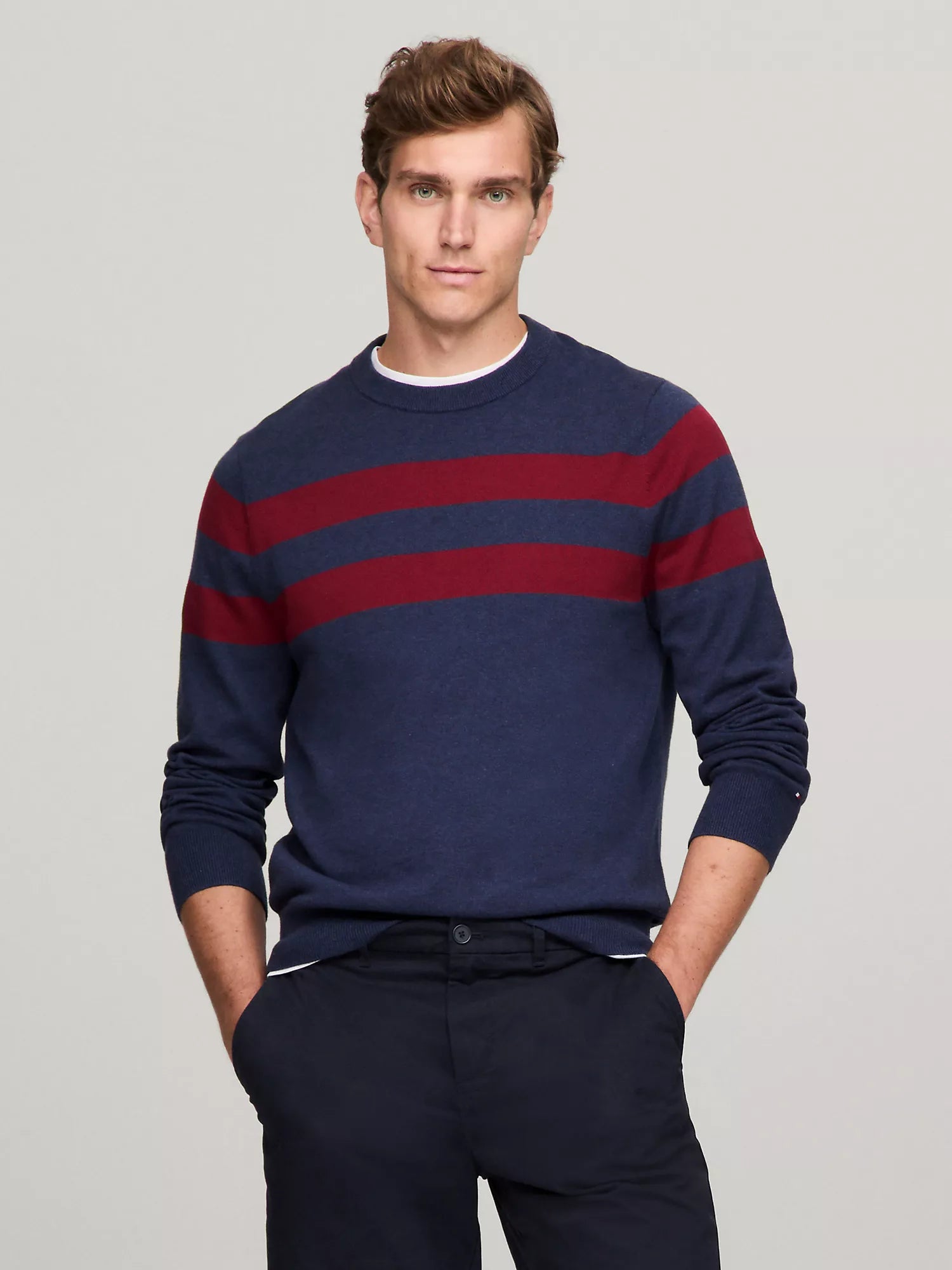 Tommy Hilfiger Suéter Cuello Redondo con Rayas Dobles Hombre Azul