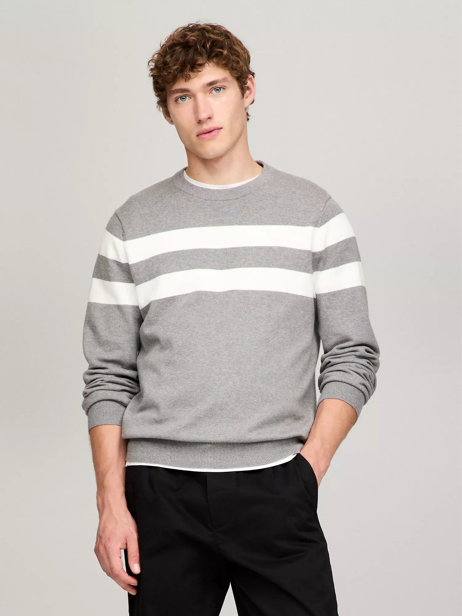 Tommy Hilfiger Suéter Cuello Redondo con Rayas Dobles Hombre Gris