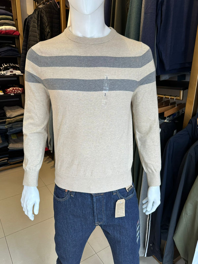 Tommy Hilfiger Suéter Cuello Redondo con Rayas Dobles Hombre Beige