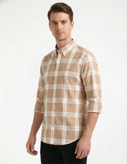 Tommy Hilfiger Camisa Oxford Hombre Cuadros Beige/Blanco