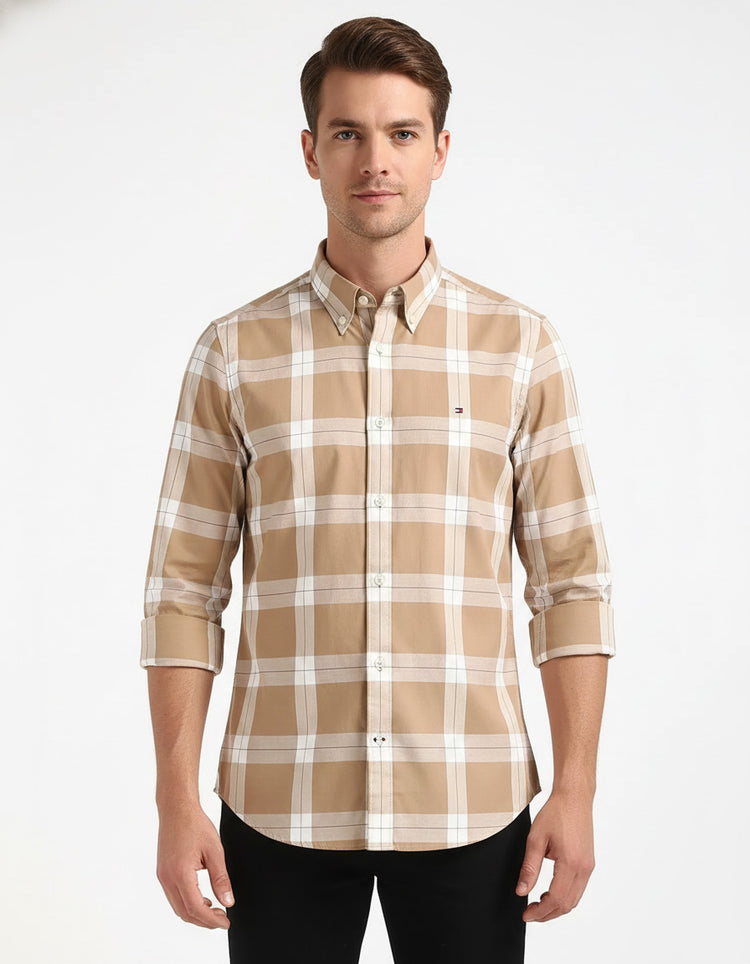 Tommy Hilfiger Camisa Oxford Hombre Cuadros Beige/Blanco