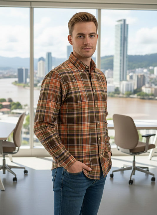 Polo Ralph Lauren Camisa Oxford Cuadros Hombre Naranja/Verde