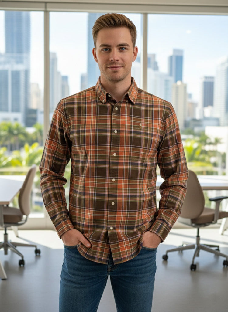 Polo Ralph Lauren Camisa Oxford Cuadros Hombre Naranja/Verde