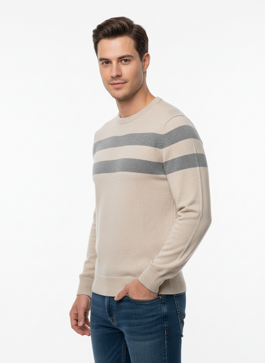 Tommy Hilfiger Suéter Cuello Redondo con Rayas Dobles Hombre Beige
