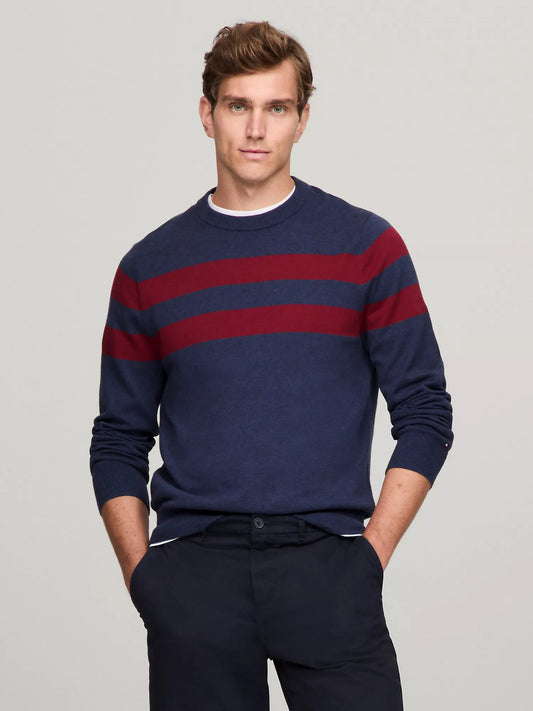 Tommy Hilfiger Suéter Cuello Redondo con Rayas Dobles Hombre Azul Marino