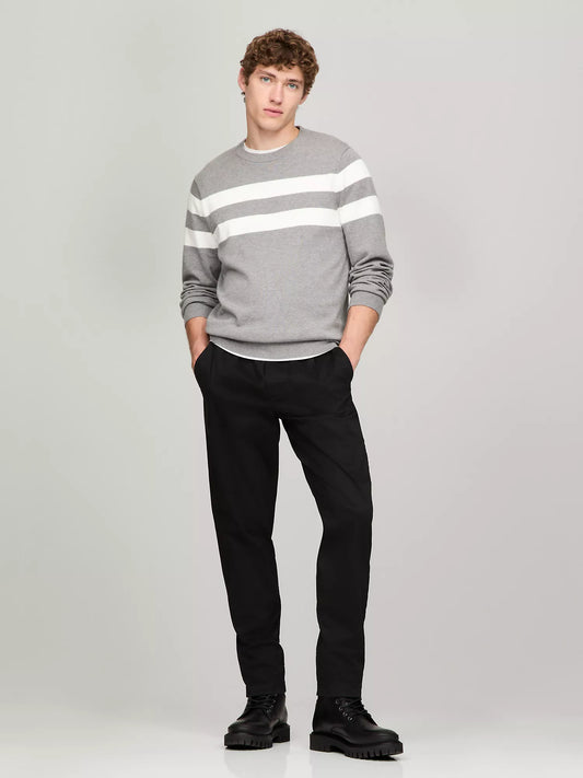 Tommy Hilfiger Suéter Cuello Redondo con Rayas Dobles Hombre Gris Blanco