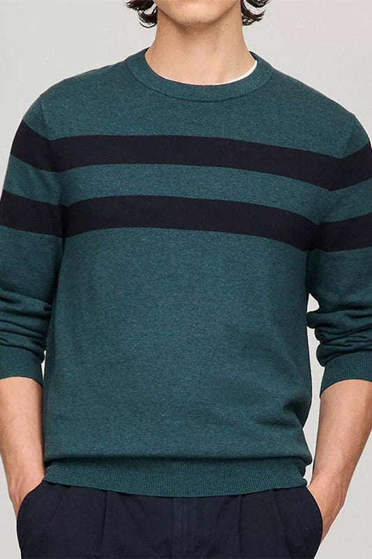Tommy Hilfiger Suéter Cuello Redondo con Rayas Dobles Hombre Verde