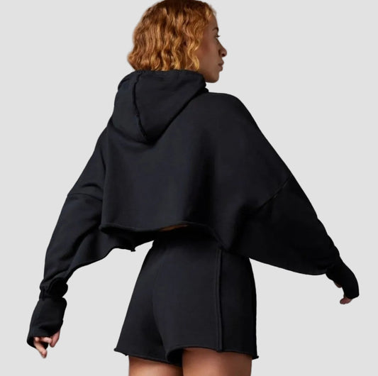 Adidas Hoodie Crop Mujer Negro Deportivo