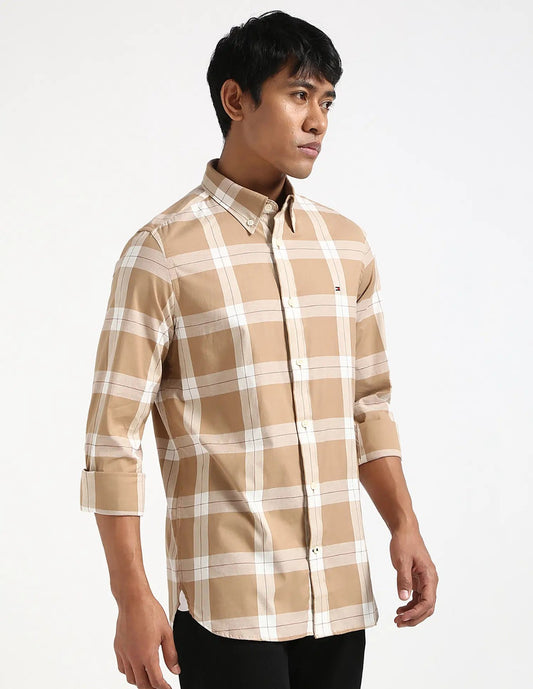 Tommy Hilfiger Camisa Oxford Hombre Cuadros Beige/Blanco