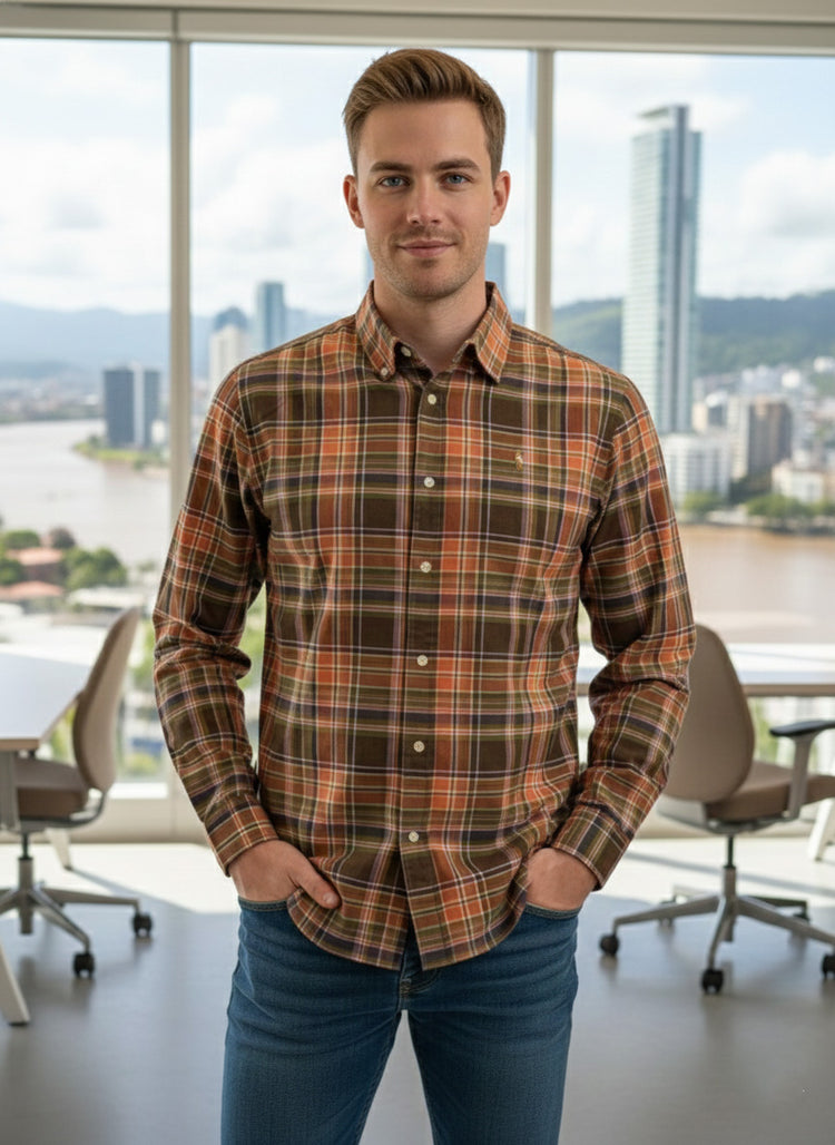 Polo Ralph Lauren Camisa Oxford Cuadros Hombre Naranja/Verde