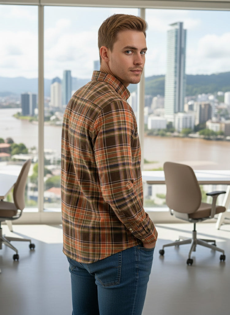 Polo Ralph Lauren Camisa Oxford Cuadros Hombre Naranja/Verde